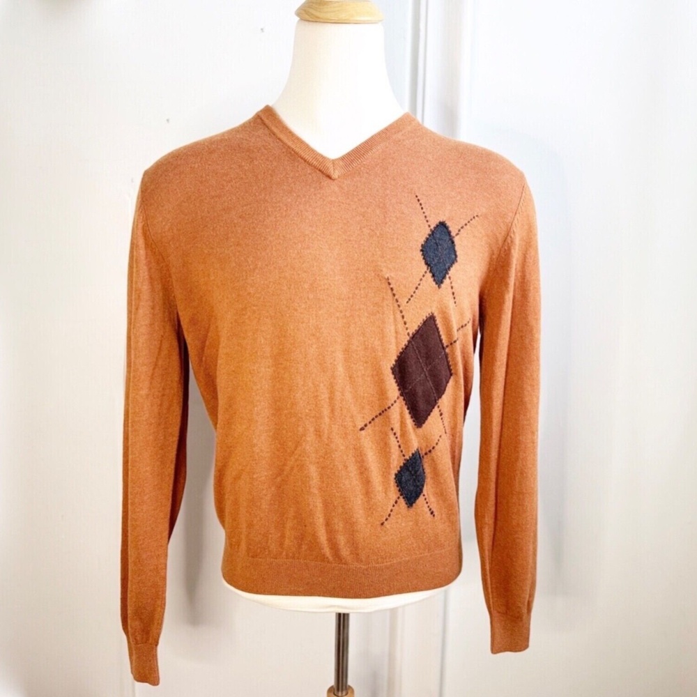 NEW Paradise Blue Argyle Silk Blend Sweater L Large Pullover Mens Cashmere Blend